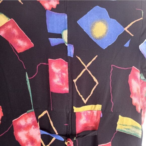 J.D. Stone 12 Black Multicolor Belt ShrtSlves SlitSides Rayon Women's Midi Dress - Picture 8 of 11